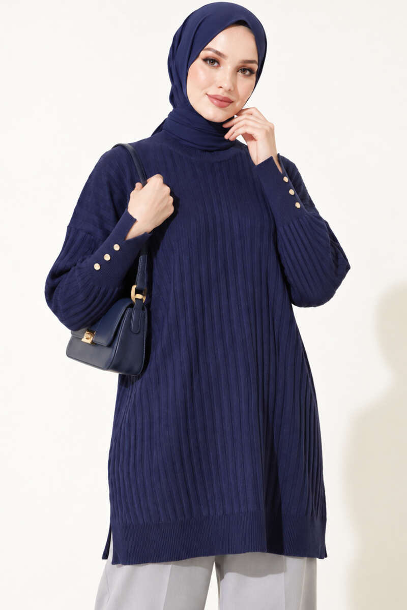 Ribbed Mercerised Tunic with Buttoned Cuffs - Navy