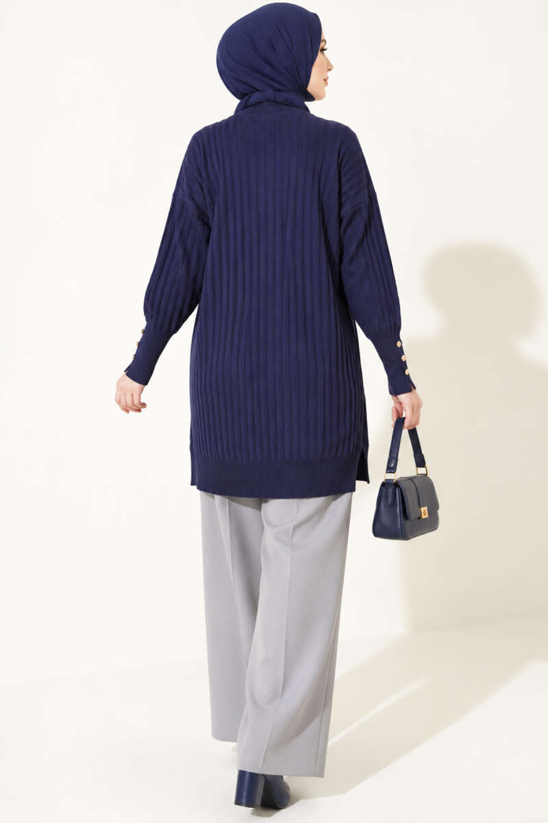 Ribbed Mercerised Tunic with Buttoned Cuffs - Navy