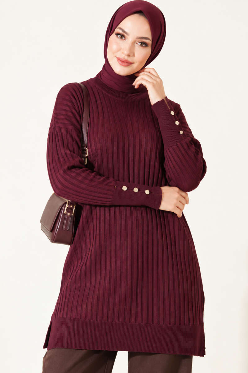 Ribbed Mercerised Tunic with Buttoned Cuffs - Plum