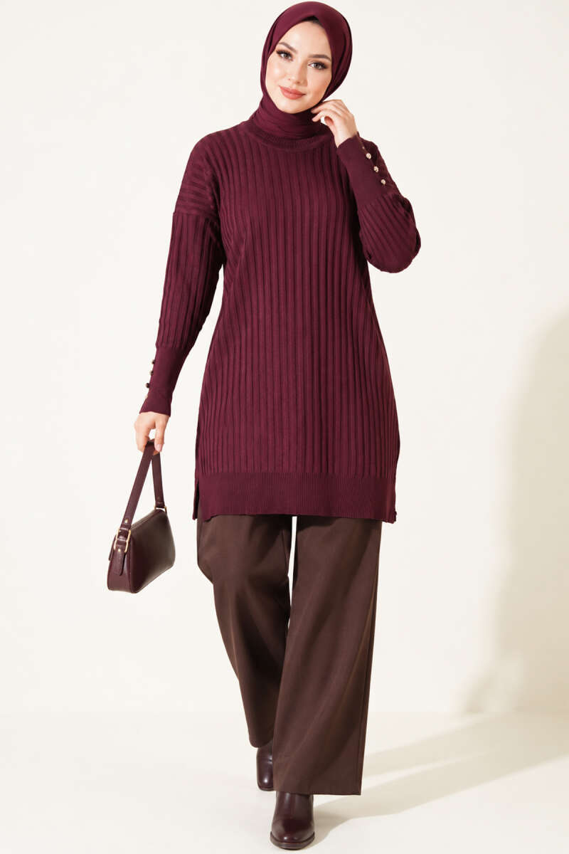 Ribbed Mercerised Tunic with Buttoned Cuffs - Plum
