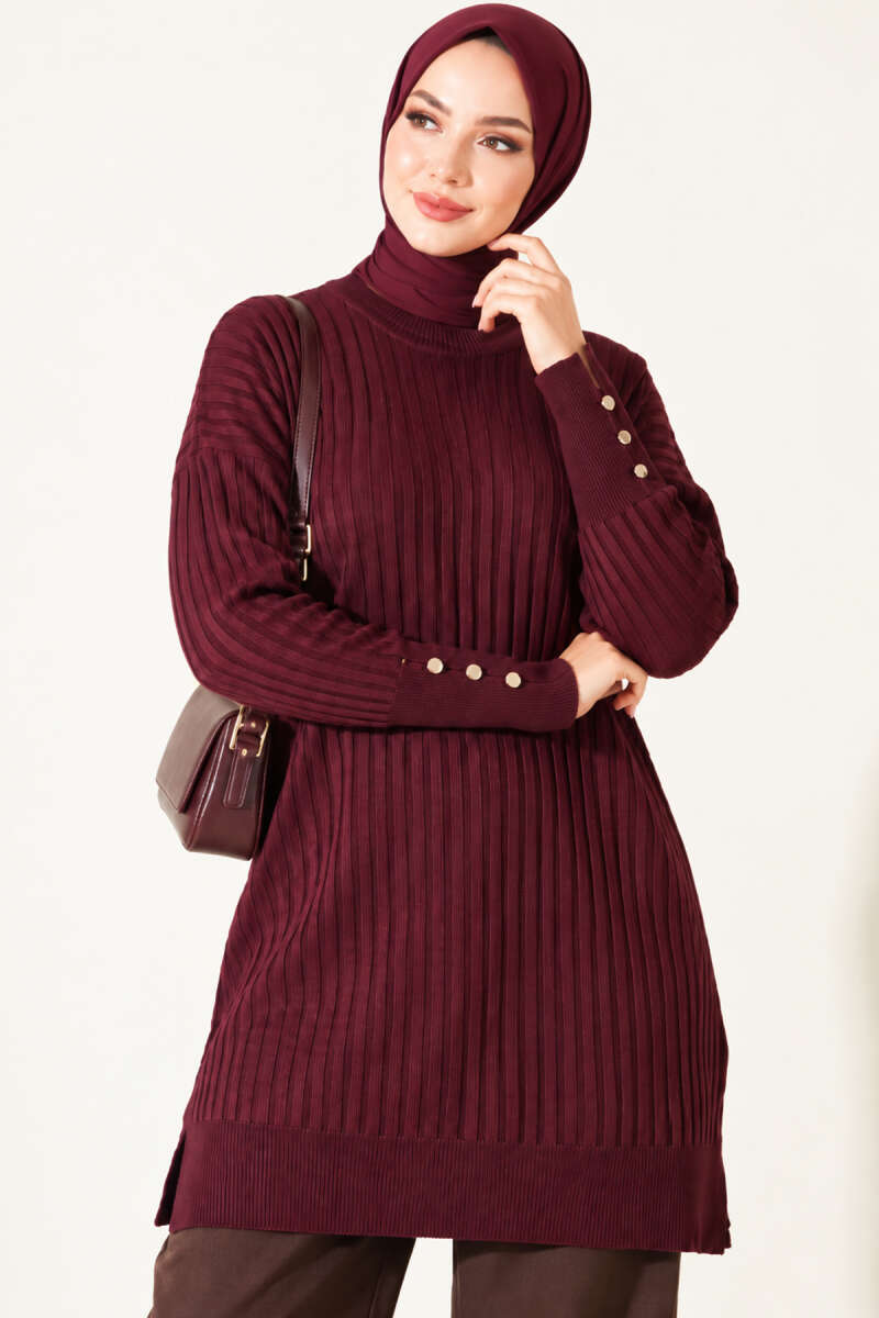 Ribbed Mercerised Tunic with Buttoned Cuffs - Plum