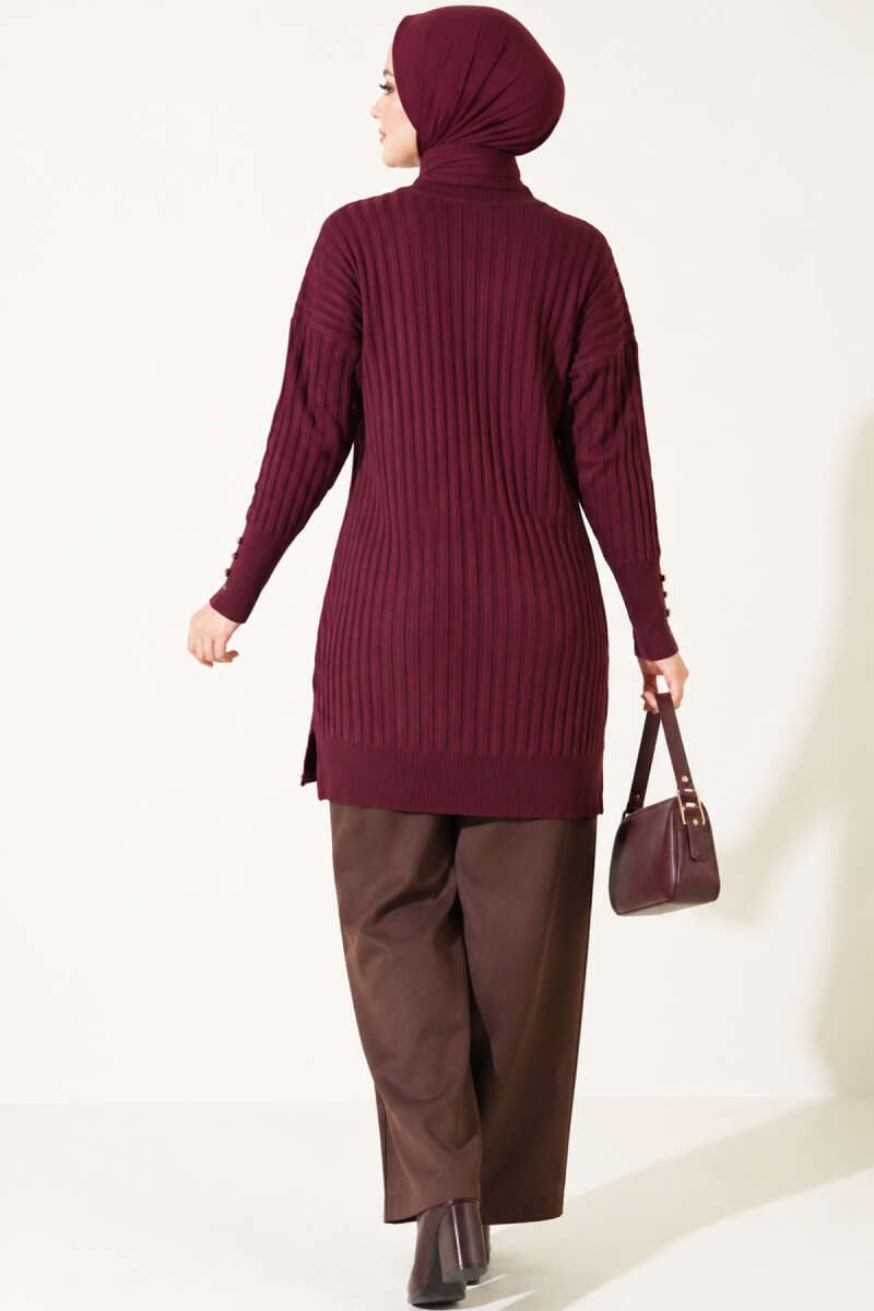 Ribbed Mercerised Tunic with Buttoned Cuffs - Plum
