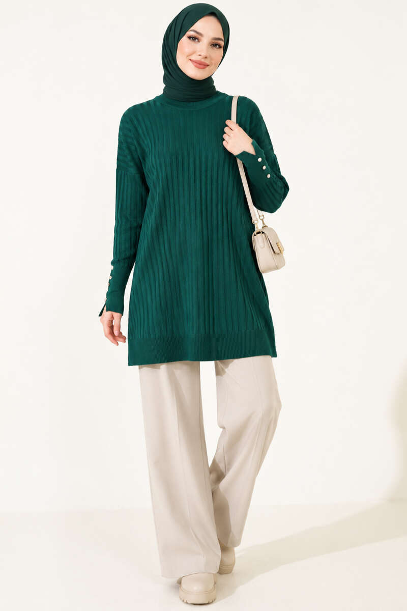 Ribbed Mercerised Tunic with Buttoned Cuffs - Dark Olive
