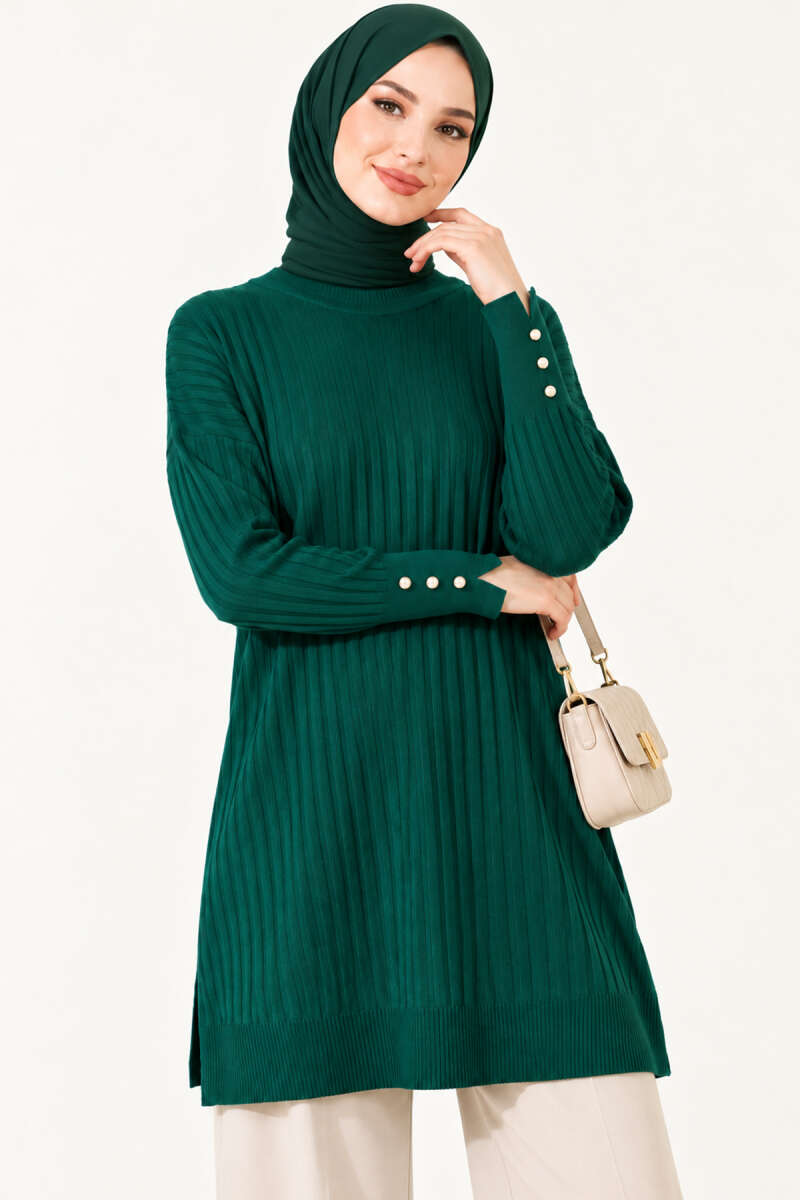 Ribbed Mercerised Tunic with Buttoned Cuffs - Dark Olive