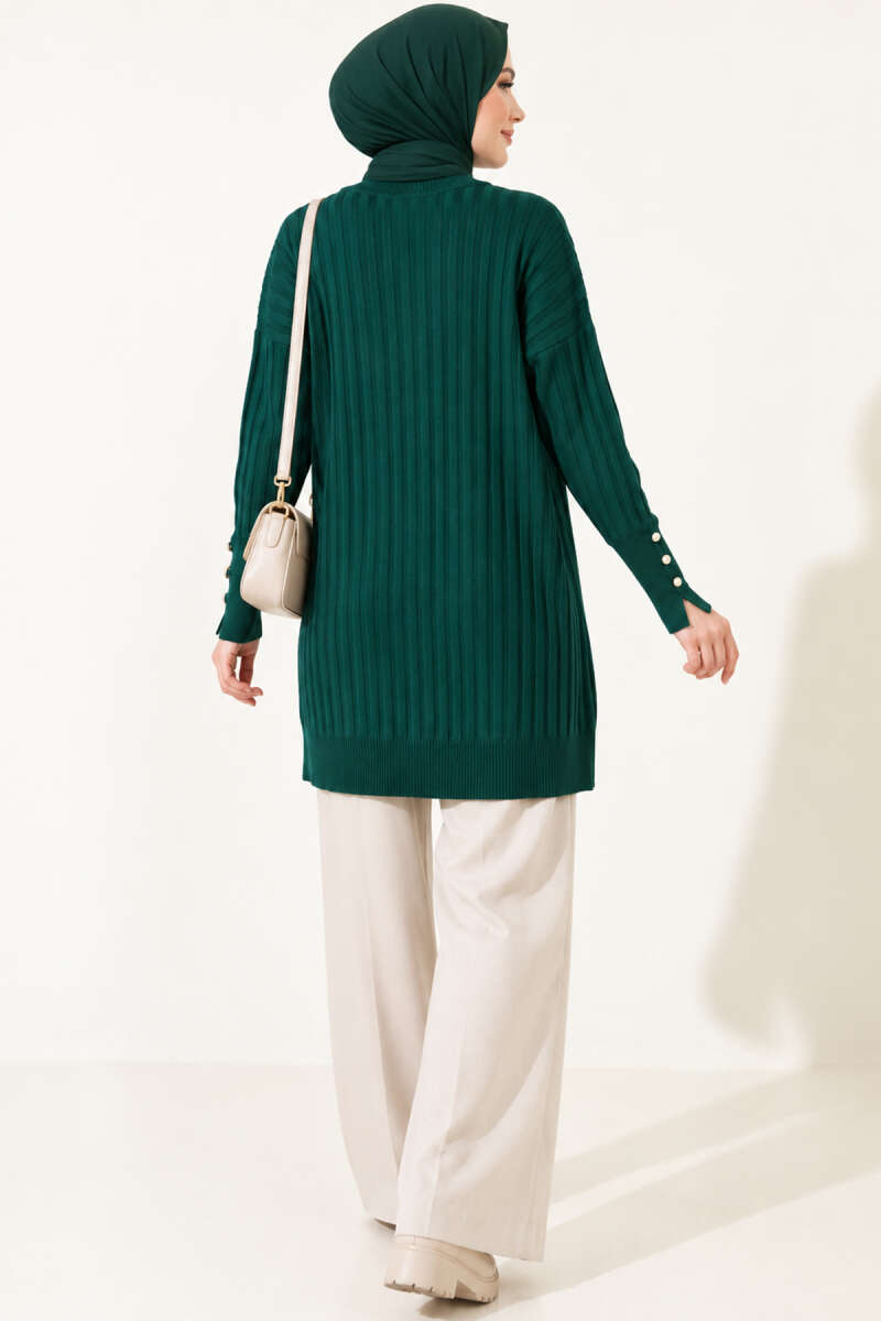 Ribbed Mercerised Tunic with Buttoned Cuffs - Dark Olive