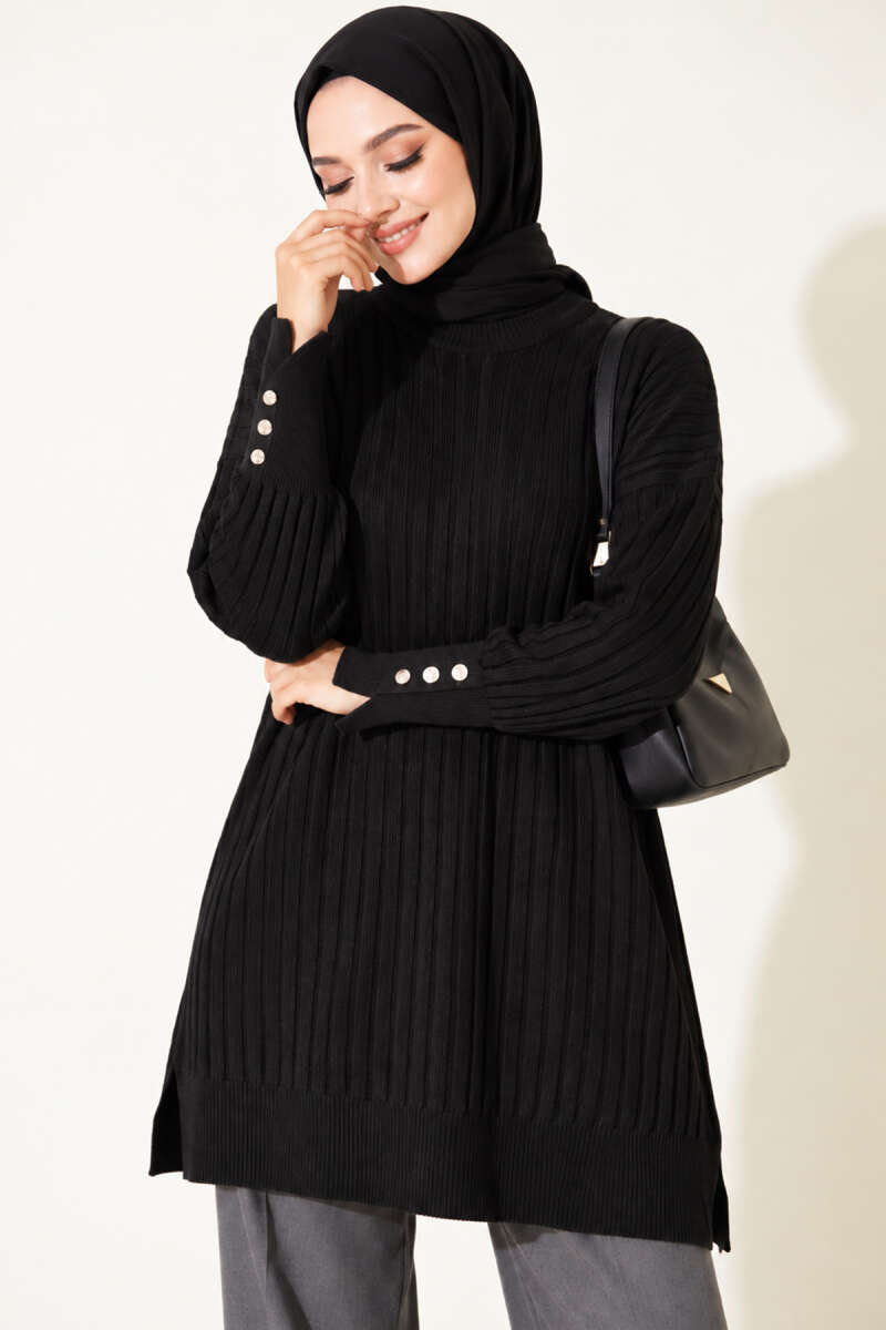 Ribbed Mercerised Tunic with Buttoned Cuffs - Black