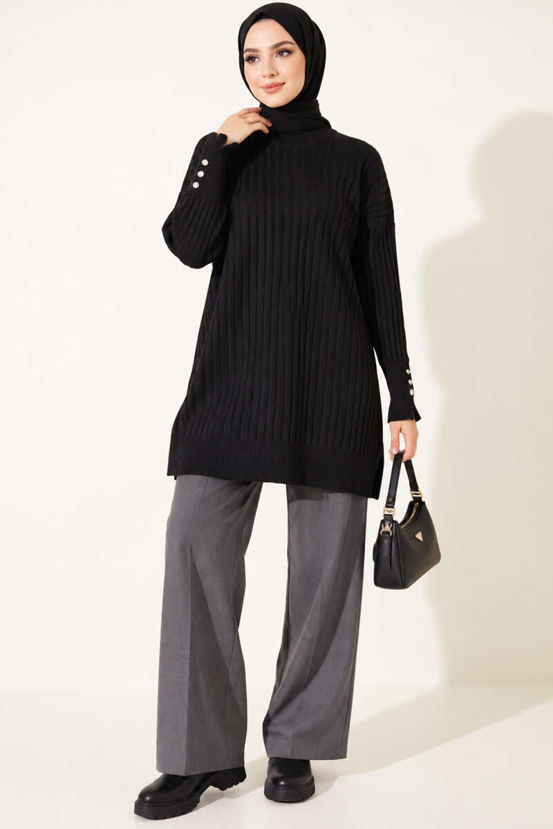 Ribbed Mercerised Tunic with Buttoned Cuffs - Black