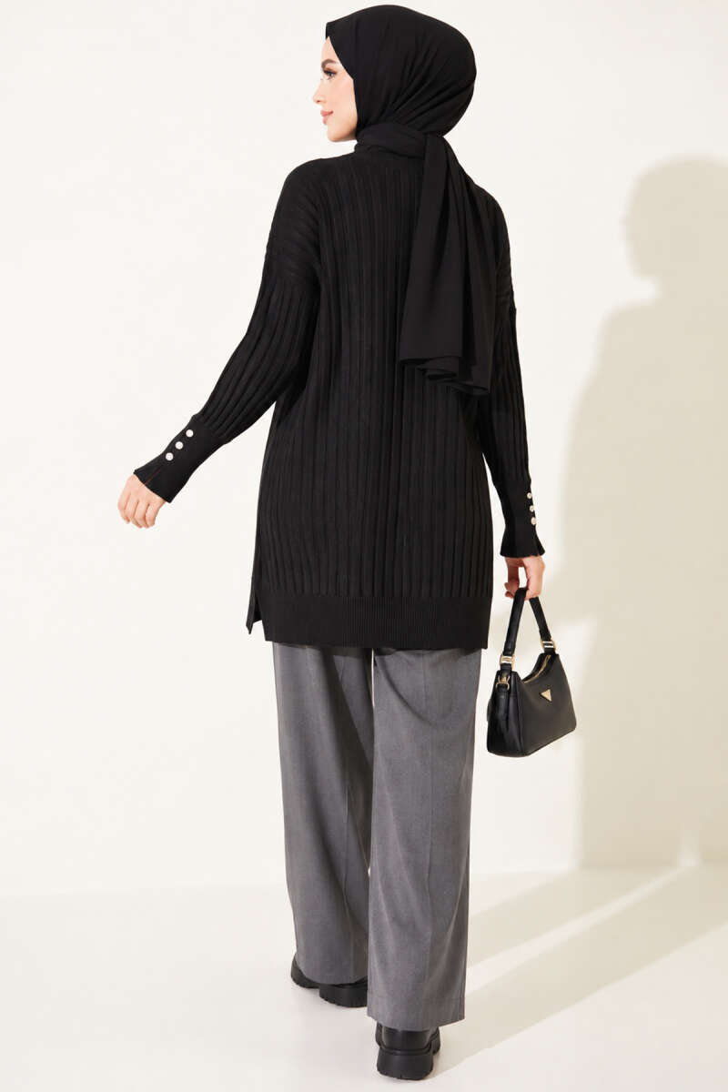 Ribbed Mercerised Tunic with Buttoned Cuffs - Black