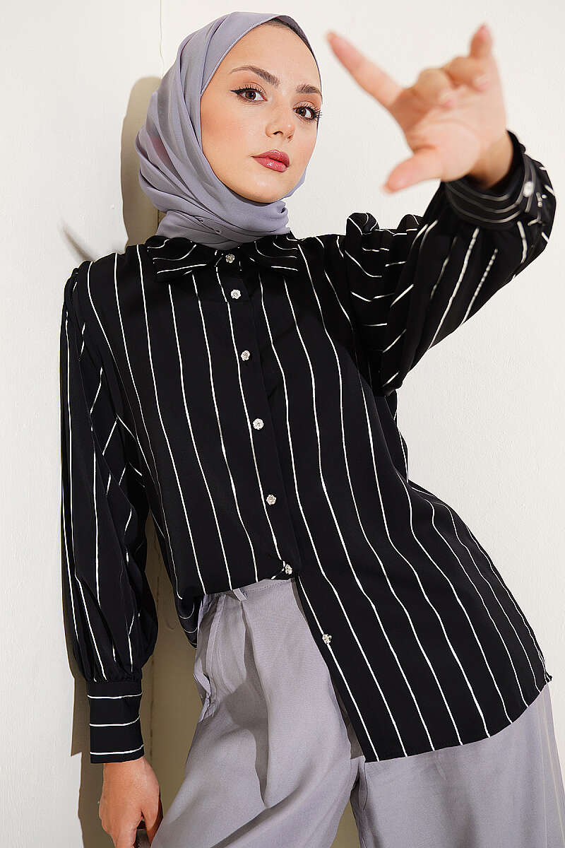 Pinstripe Shirt with Buttoned Cuffs - Black