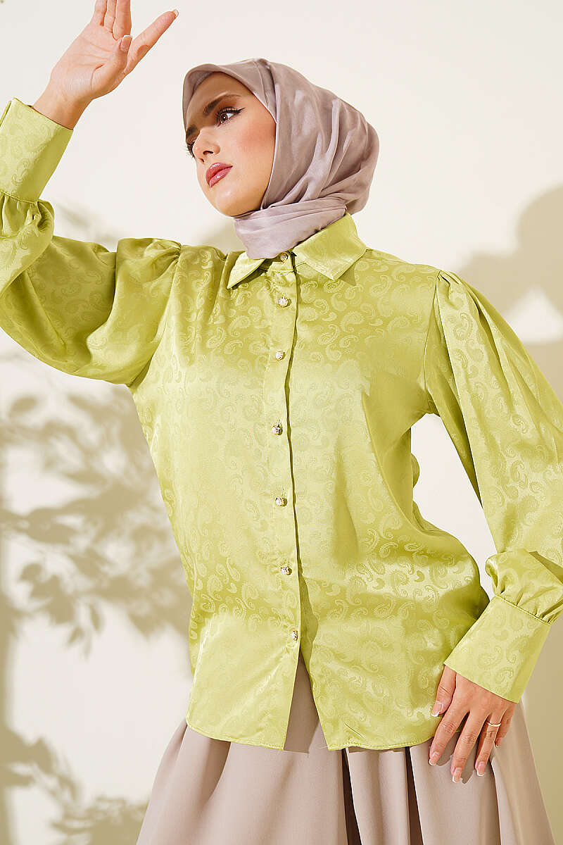 Jacquard Satin Shirt with Buttoned Cuffs - Pistachio