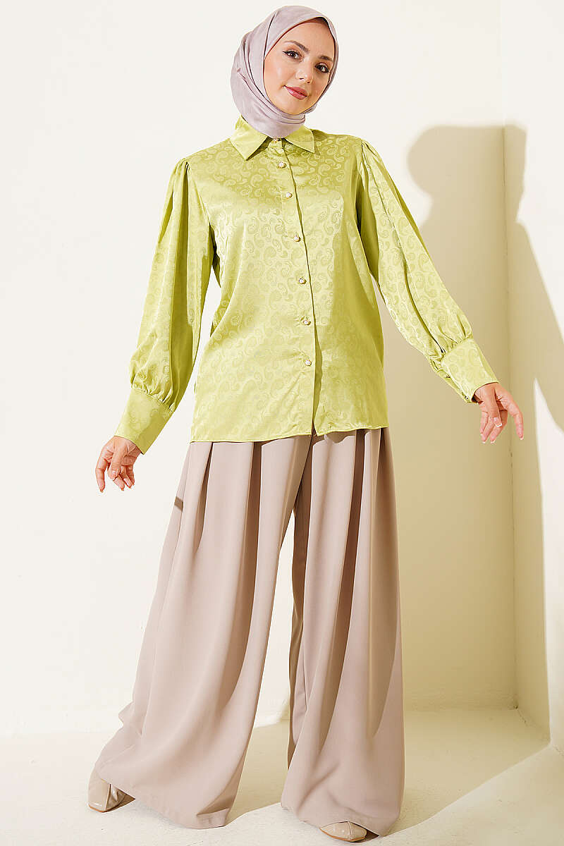Jacquard Satin Shirt with Buttoned Cuffs - Pistachio