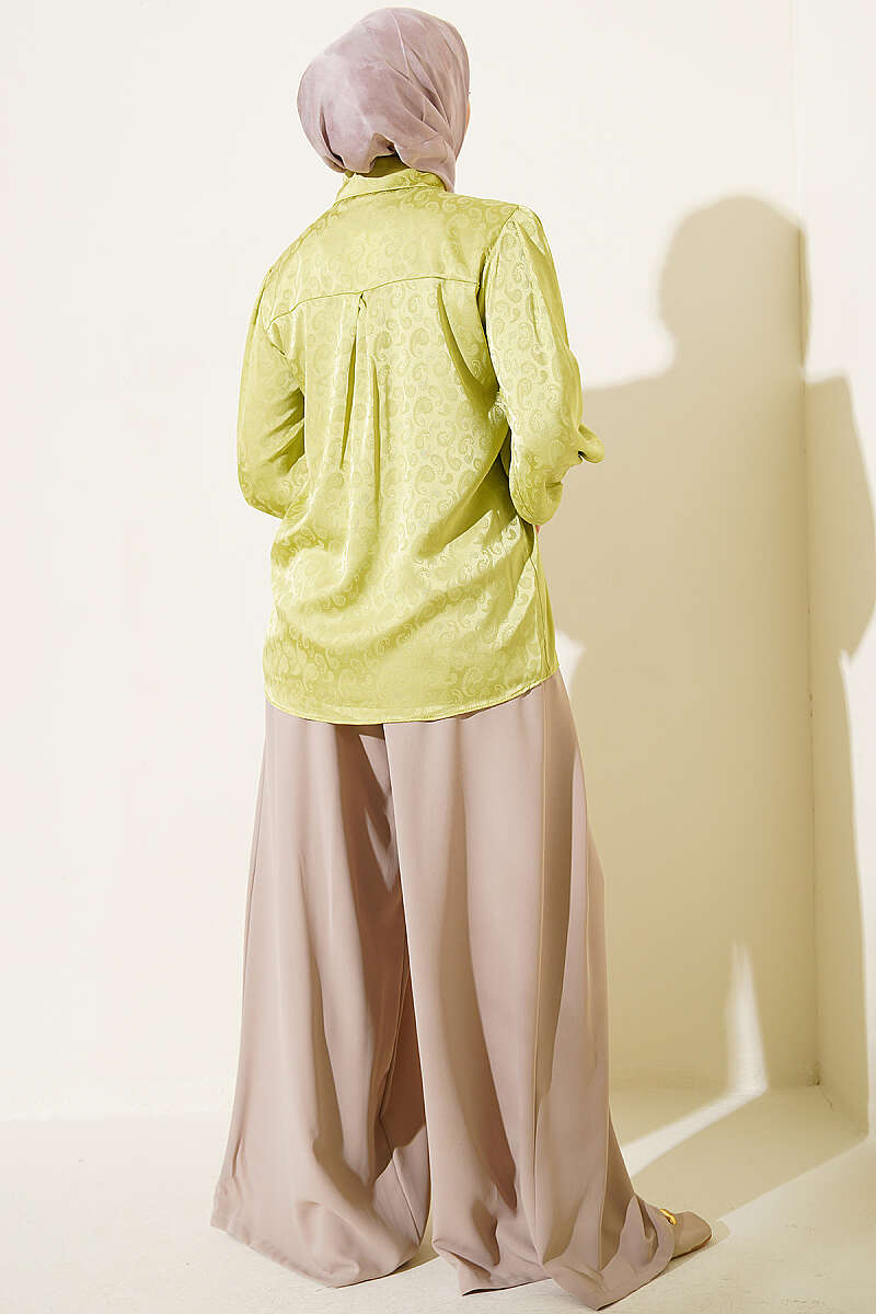 Jacquard Satin Shirt with Buttoned Cuffs - Pistachio