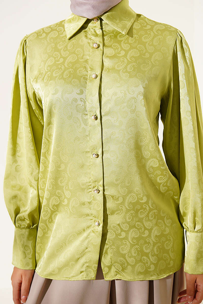 Jacquard Satin Shirt with Buttoned Cuffs - Pistachio
