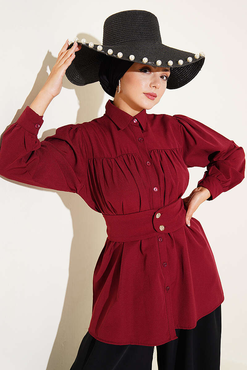 Belted Shirt with Buttoned Cuffs - Burgundy