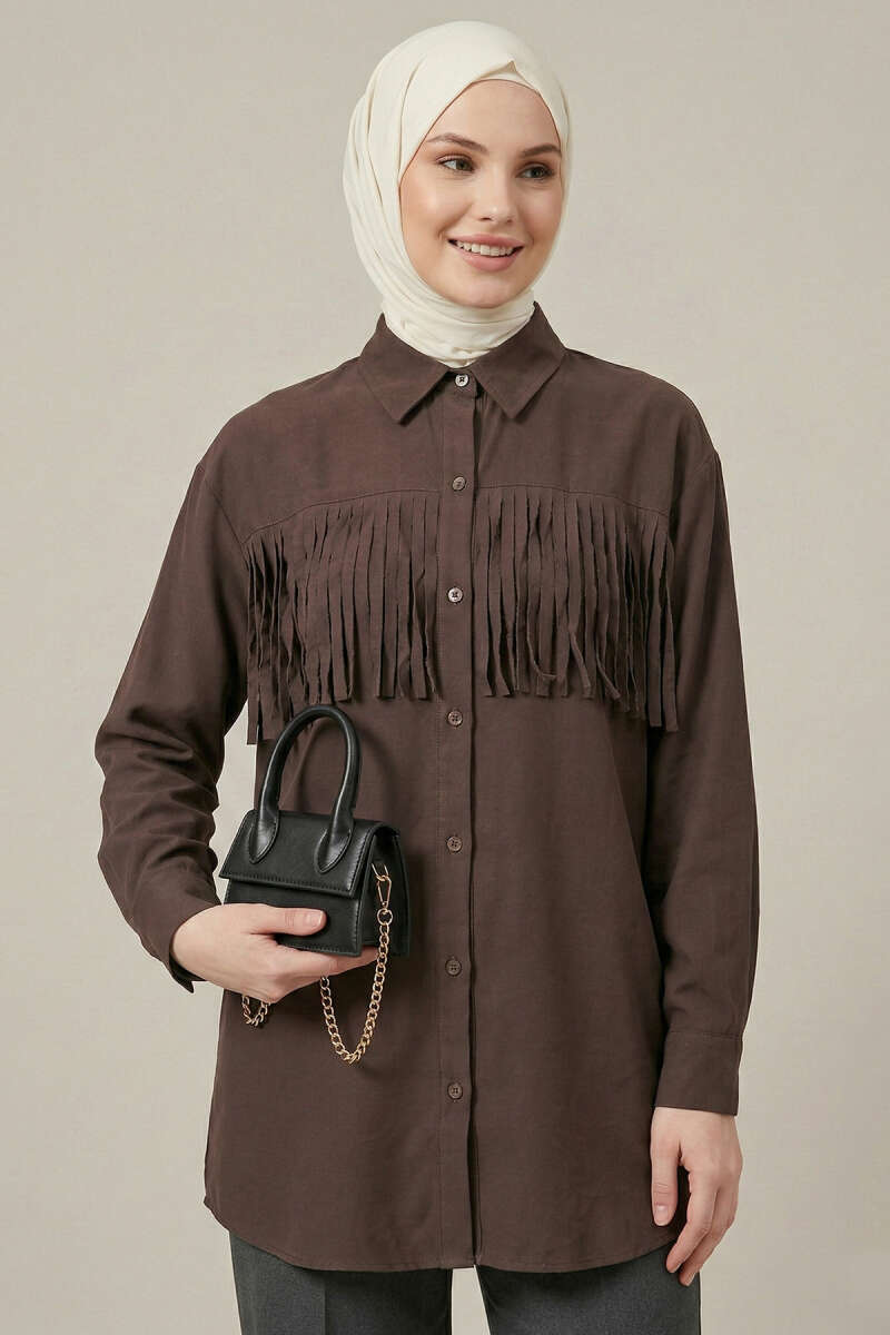 Tasselled Shirt with Button Cuffs - Brown