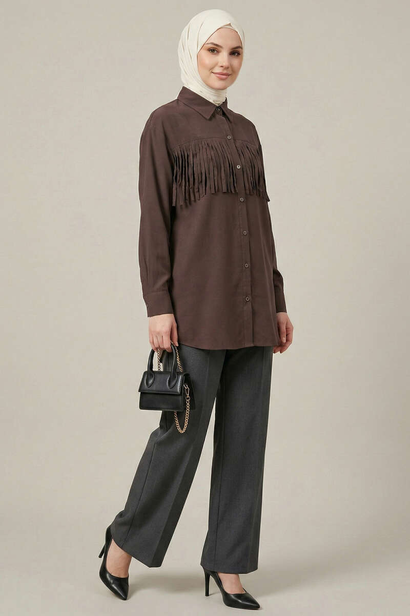 Tasselled Shirt with Button Cuffs - Brown