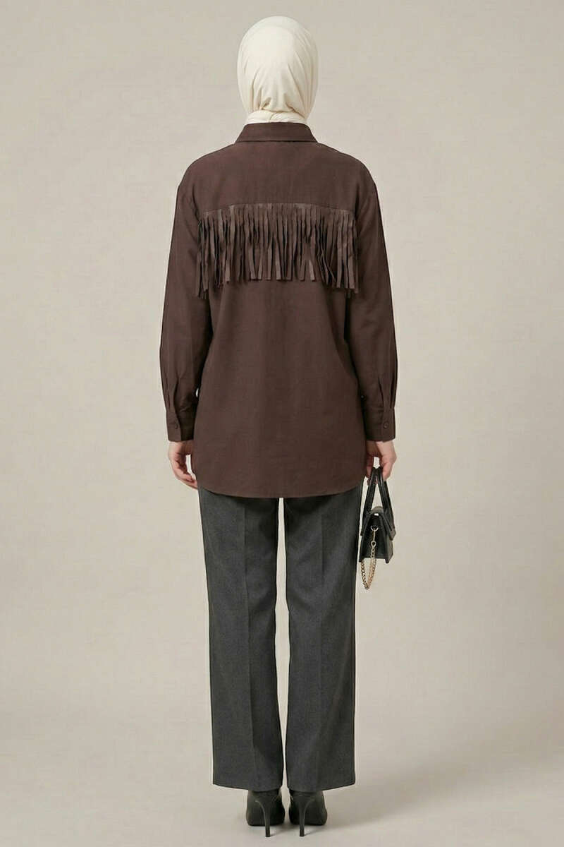 Tasselled Shirt with Button Cuffs - Brown
