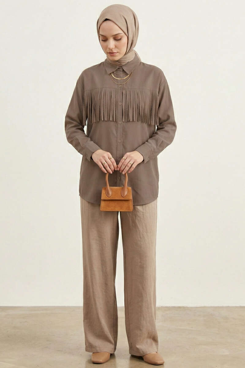 Tasselled Shirt with Button Cuffs - Mink