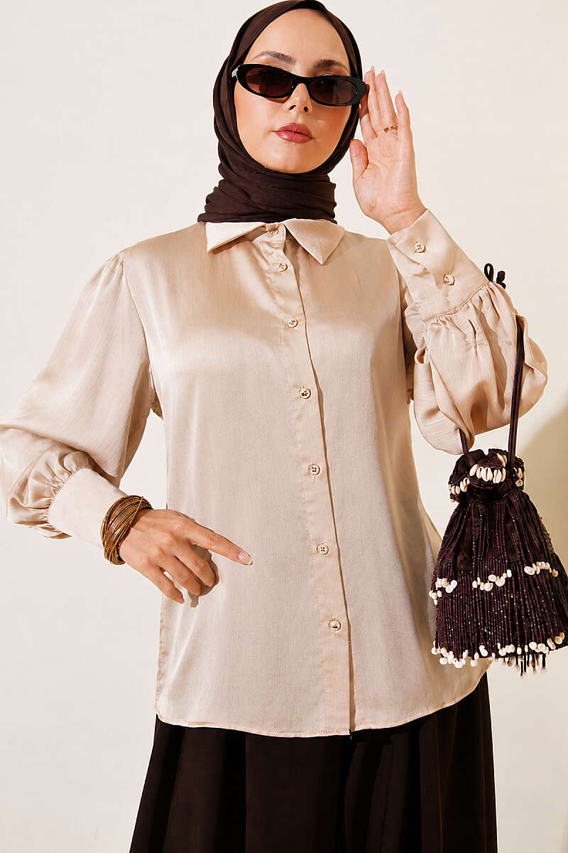 Satin Shirt with Buttoned Cuffs - Beige