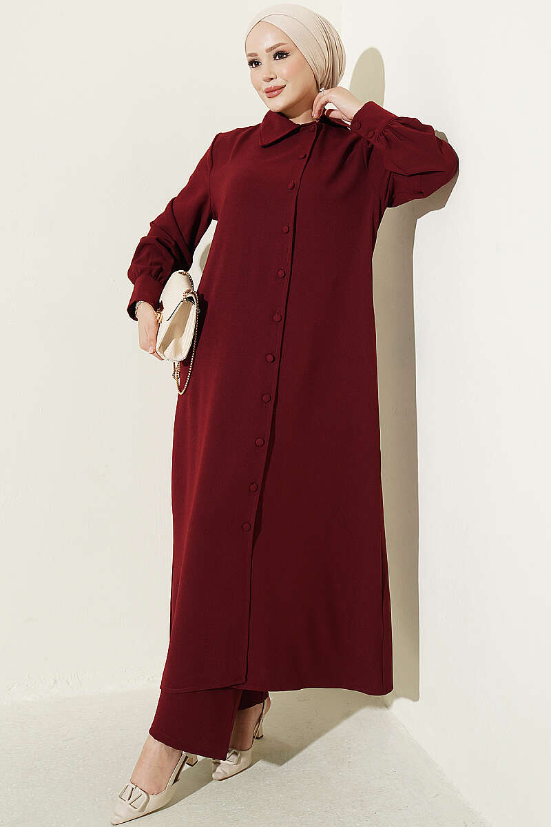 Long Tunic Two-Piece Set with Buttoned Cuffs - Burgundy