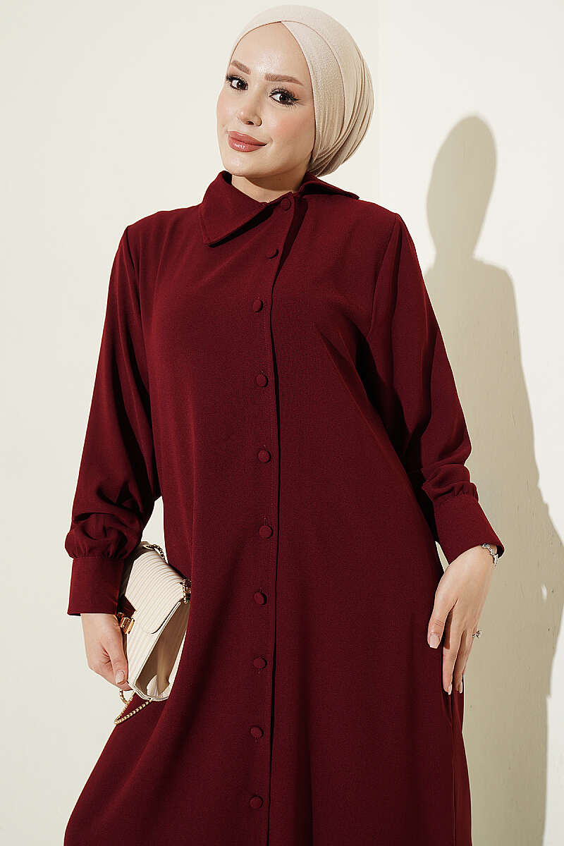 Long Tunic Two-Piece Set with Buttoned Cuffs - Burgundy
