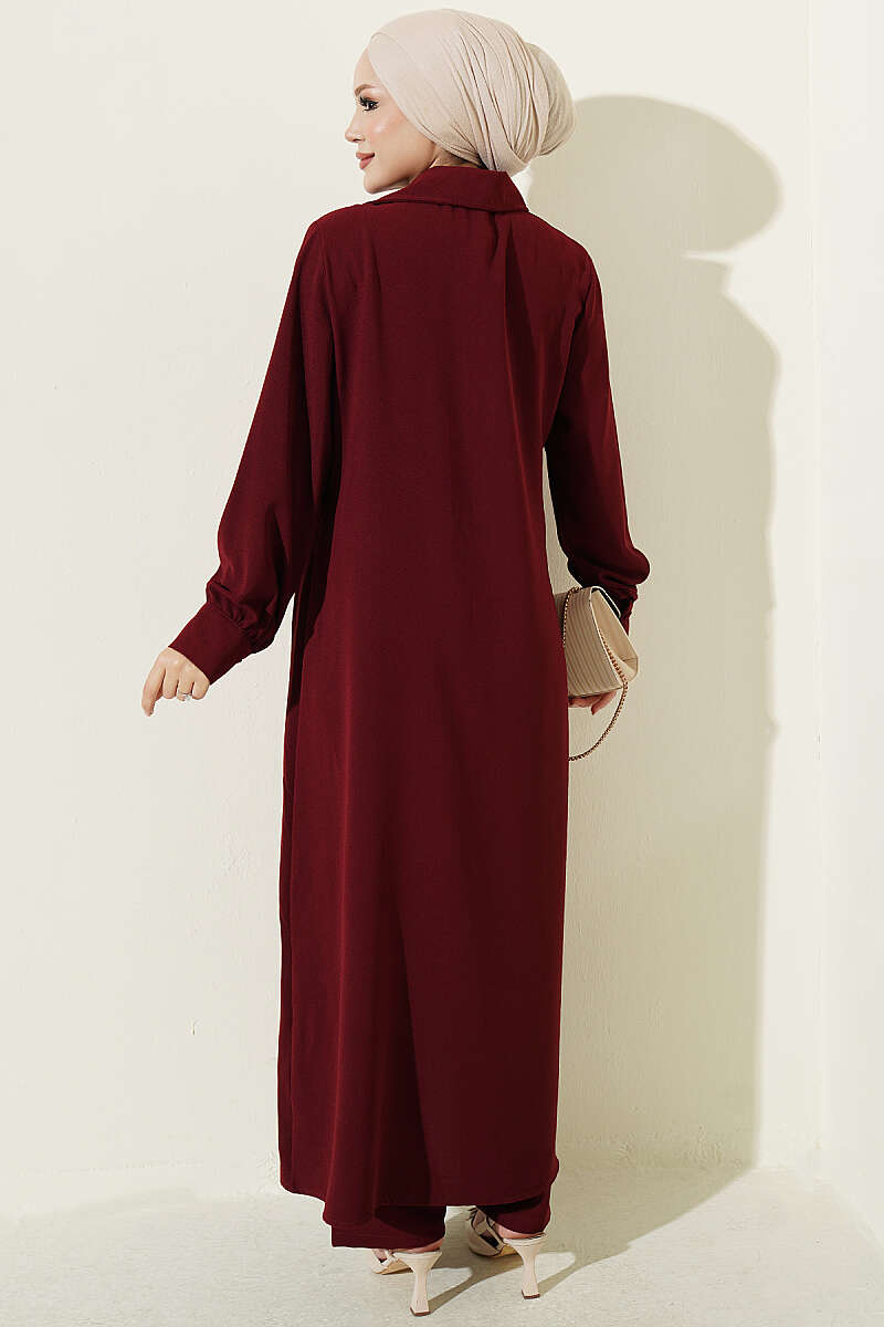 Long Tunic Two-Piece Set with Buttoned Cuffs - Burgundy