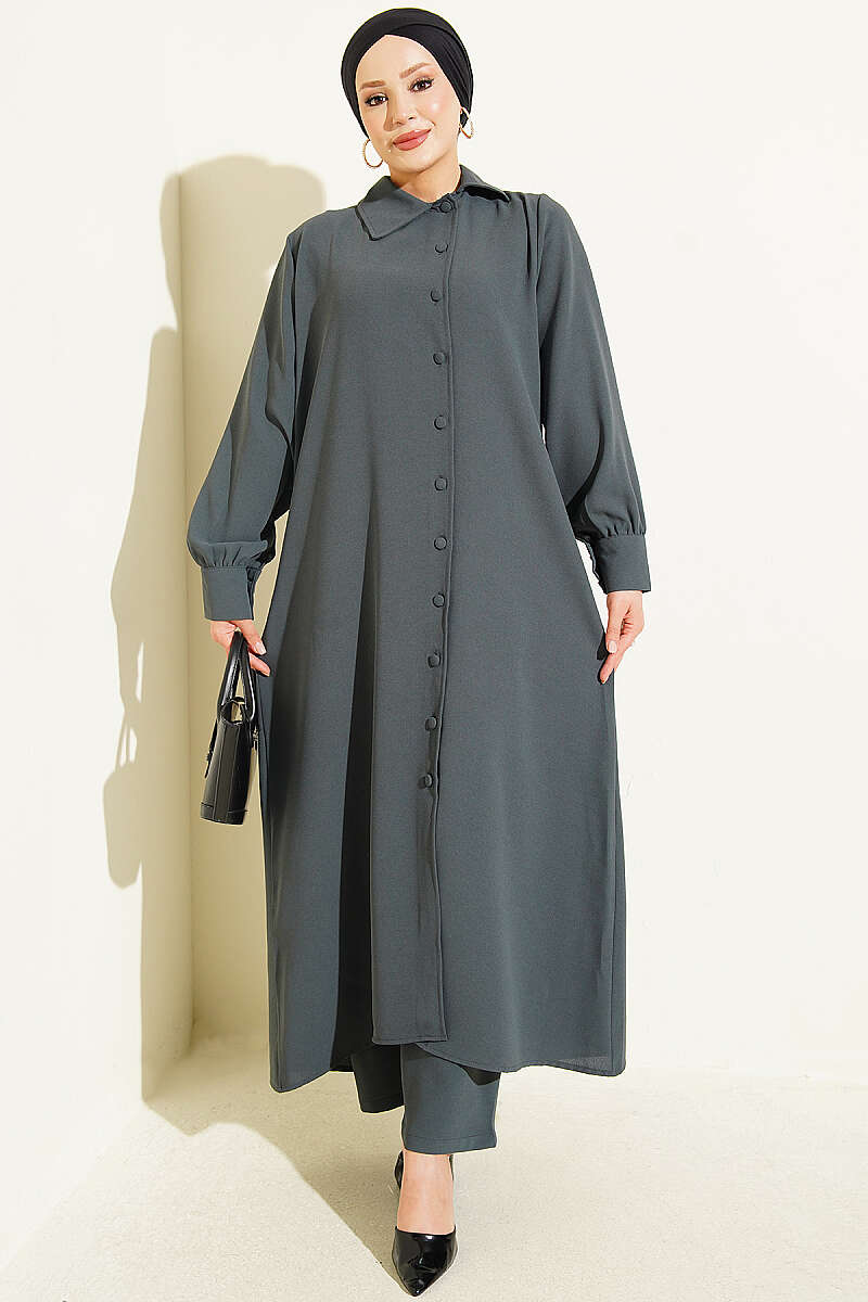 Long Tunic Two-Piece Set with Buttoned Cuffs - Smoke Grey