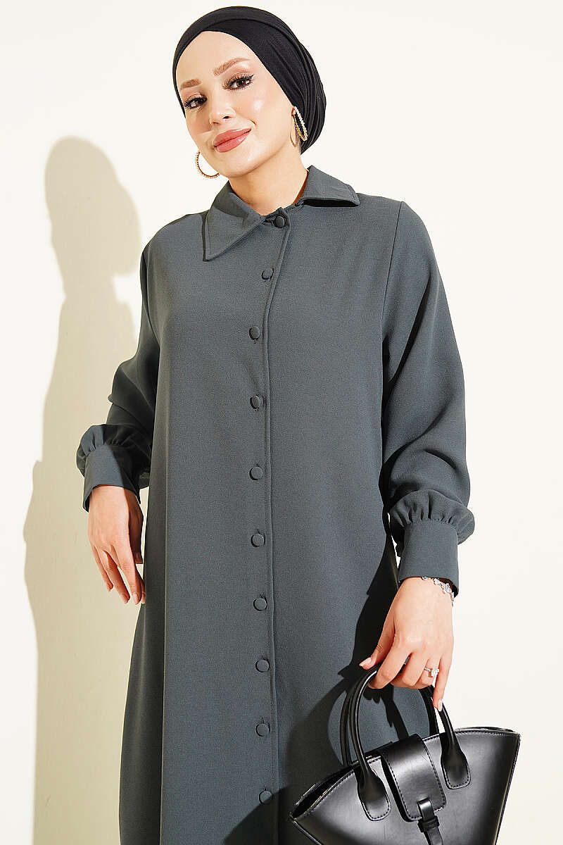 Long Tunic Two-Piece Set with Buttoned Cuffs - Smoke Grey