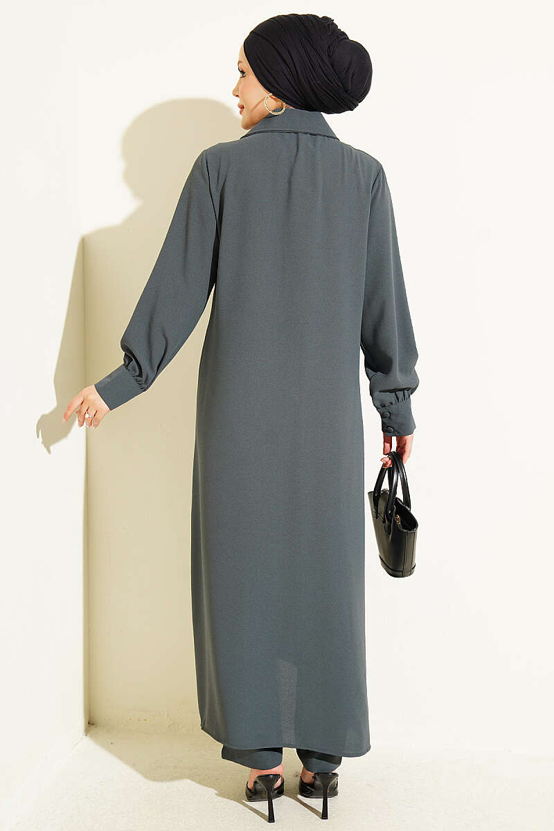 Long Tunic Two-Piece Set with Buttoned Cuffs - Smoke Grey