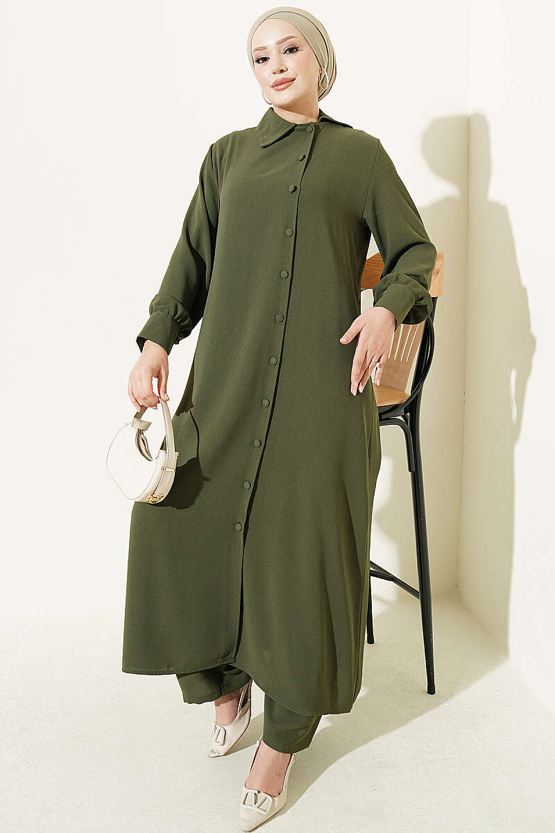 Long Tunic Two-Piece Set with Buttoned Cuffs - Khaki