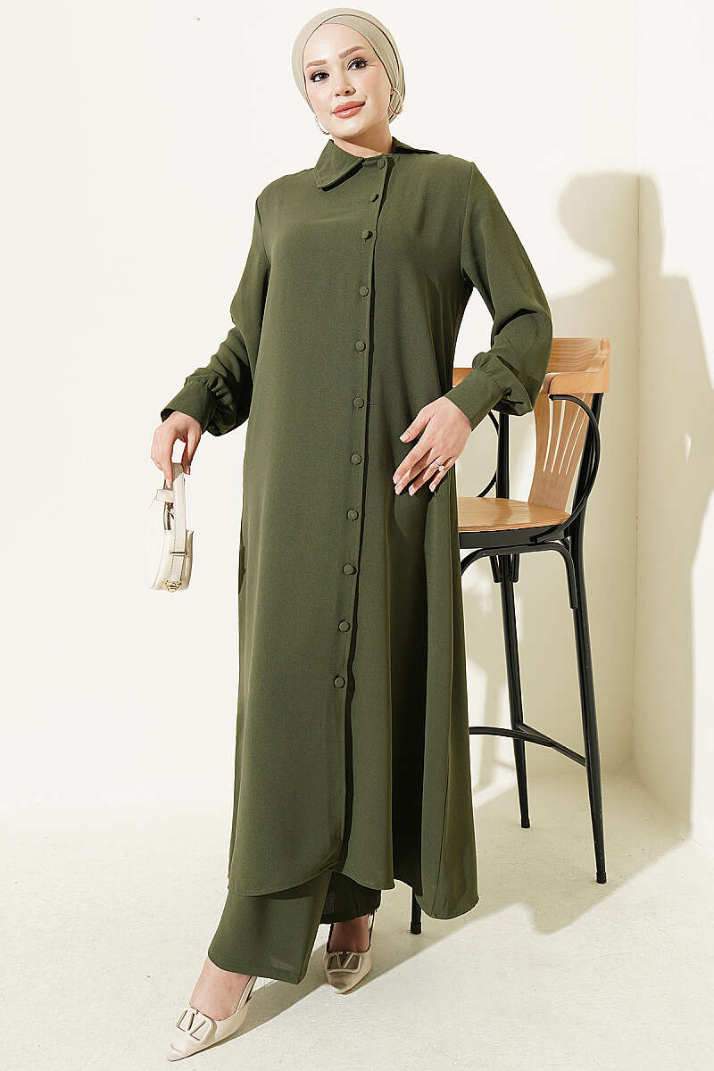 Long Tunic Two-Piece Set with Buttoned Cuffs - Khaki