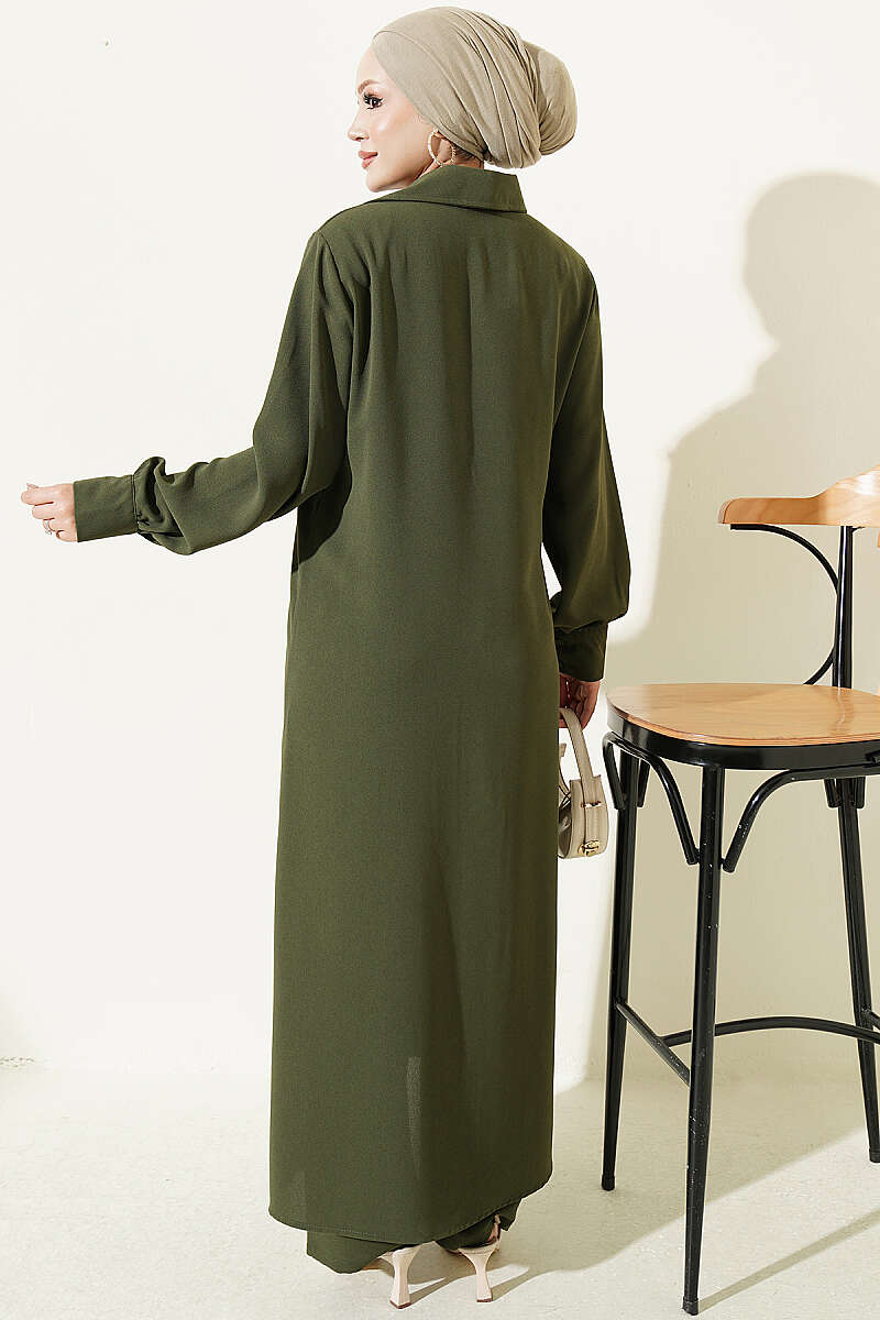 Long Tunic Two-Piece Set with Buttoned Cuffs - Khaki
