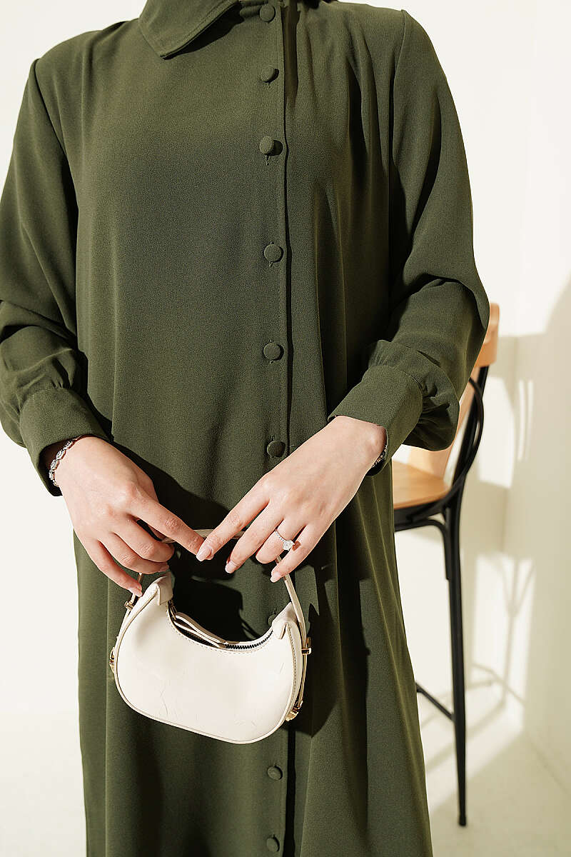 Long Tunic Two-Piece Set with Buttoned Cuffs - Khaki