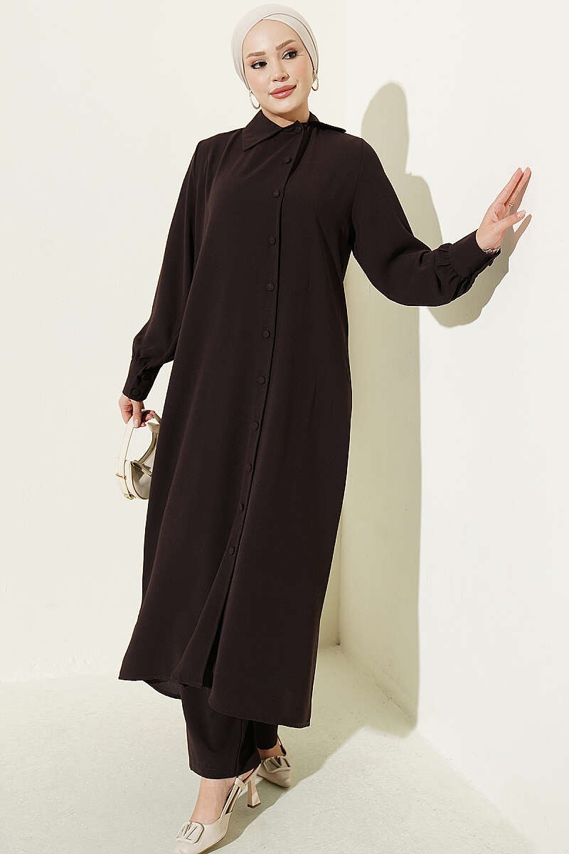 Long Tunic Two-Piece Set with Buttoned Cuffs - Brown