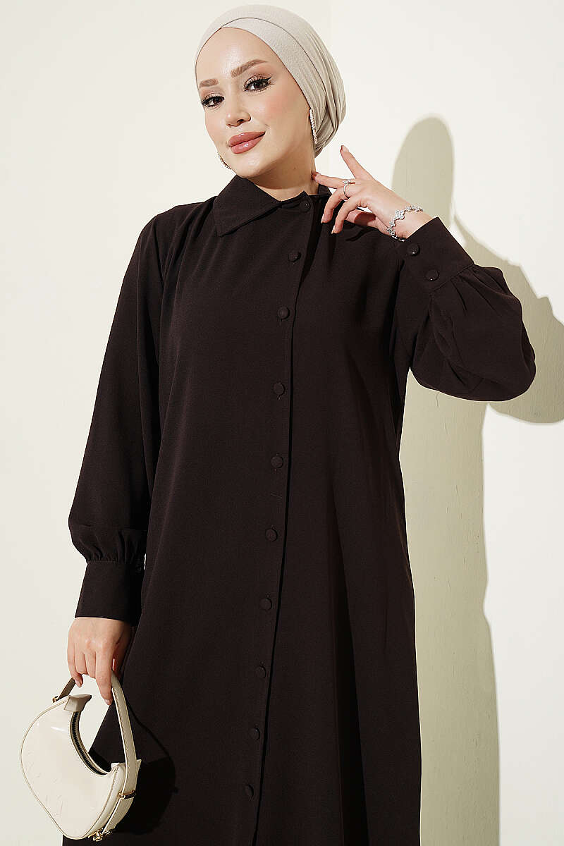 Long Tunic Two-Piece Set with Buttoned Cuffs - Brown