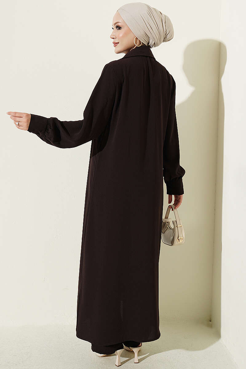 Long Tunic Two-Piece Set with Buttoned Cuffs - Brown