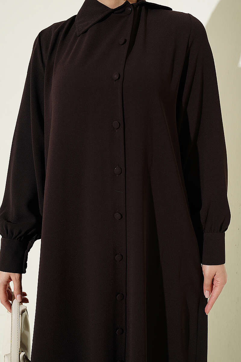 Long Tunic Two-Piece Set with Buttoned Cuffs - Brown