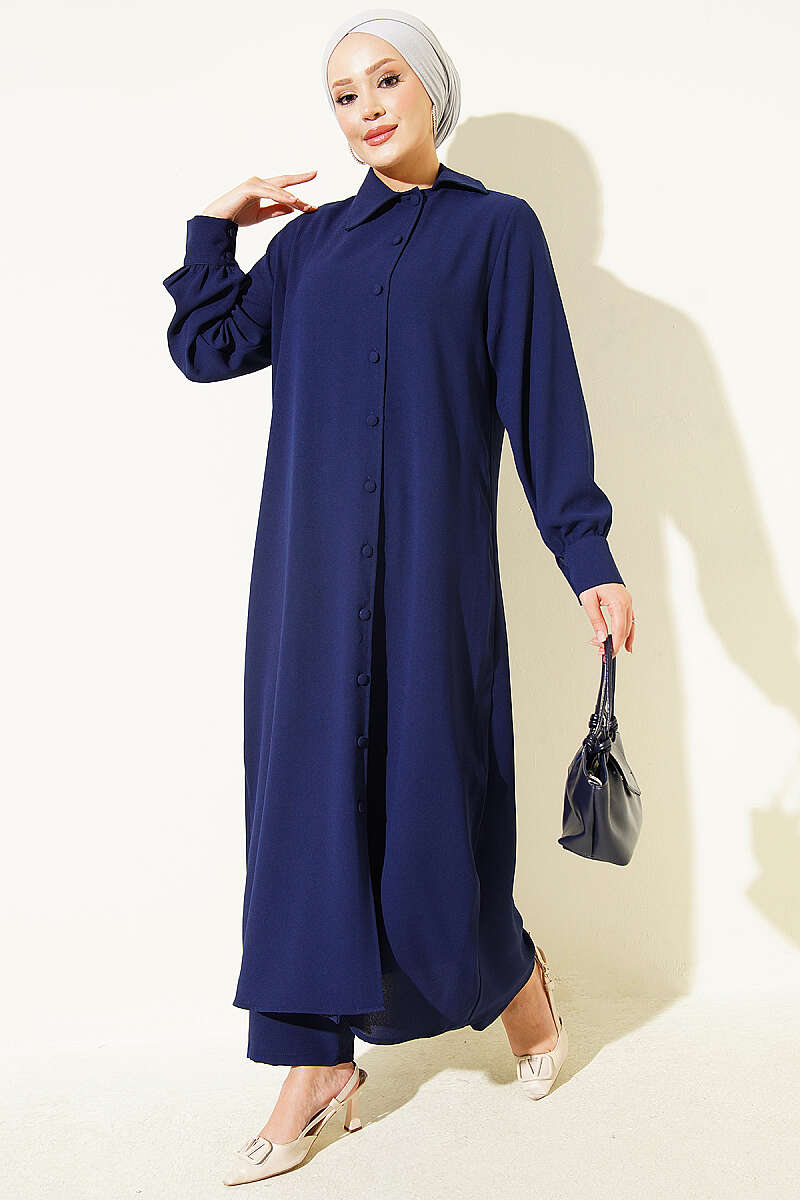 Long Tunic Two-Piece Set with Buttoned Cuffs - Navy