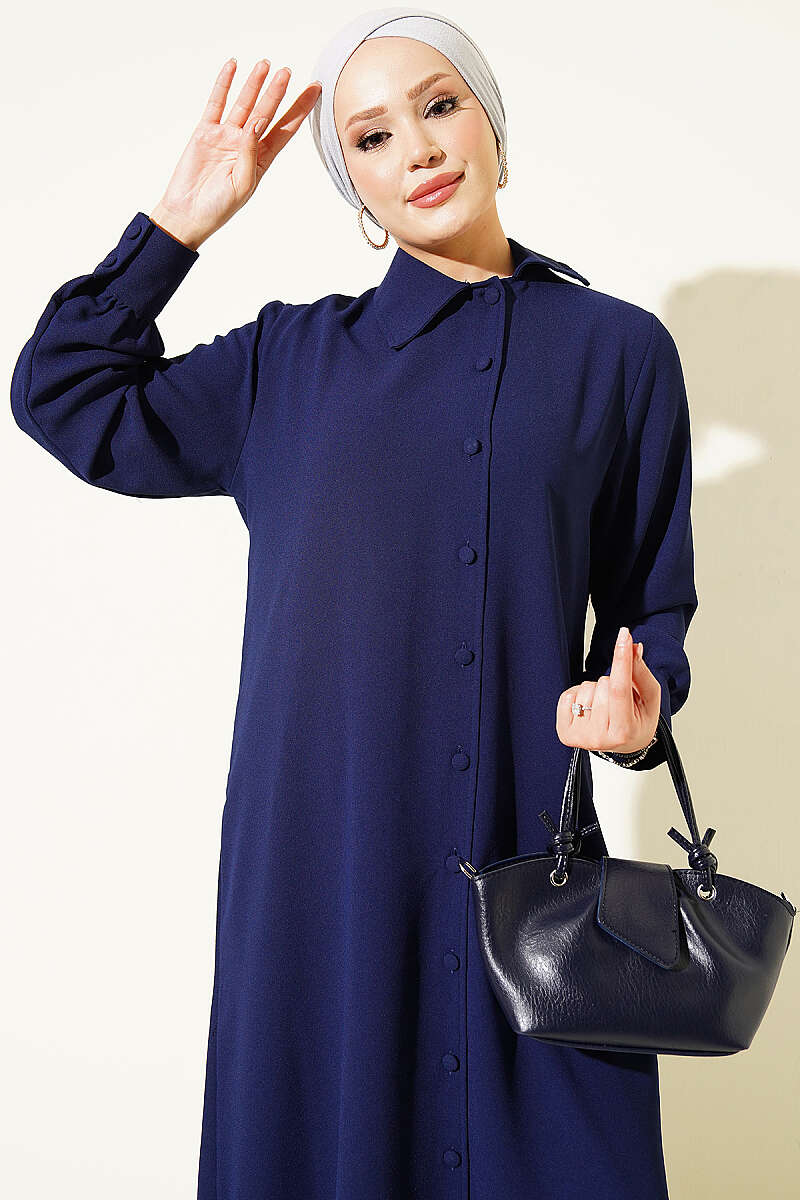 Long Tunic Two-Piece Set with Buttoned Cuffs - Navy