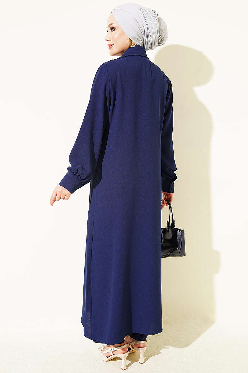 Long Tunic Two-Piece Set with Buttoned Cuffs - Navy