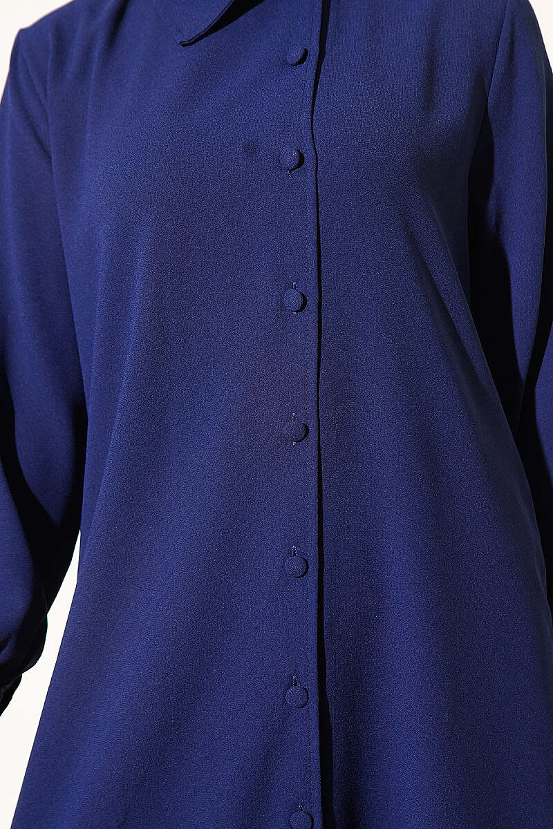 Long Tunic Two-Piece Set with Buttoned Cuffs - Navy
