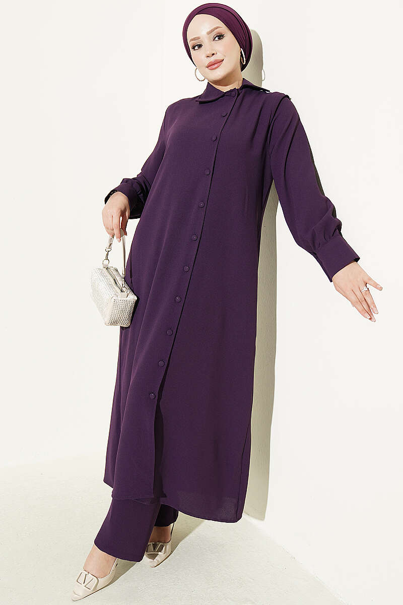 Long Tunic Two-Piece Set with Buttoned Cuffs - Purple