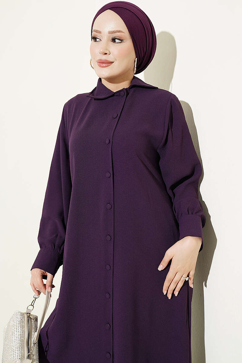 Long Tunic Two-Piece Set with Buttoned Cuffs - Purple