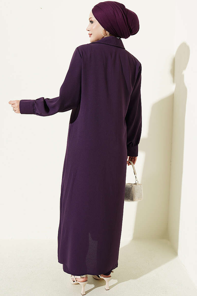 Long Tunic Two-Piece Set with Buttoned Cuffs - Purple