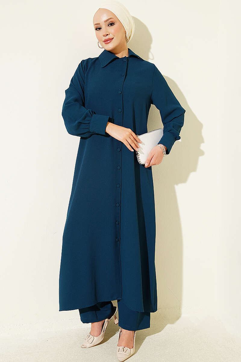 Long Tunic Two-Piece Set with Buttoned Cuffs - Petrol Green