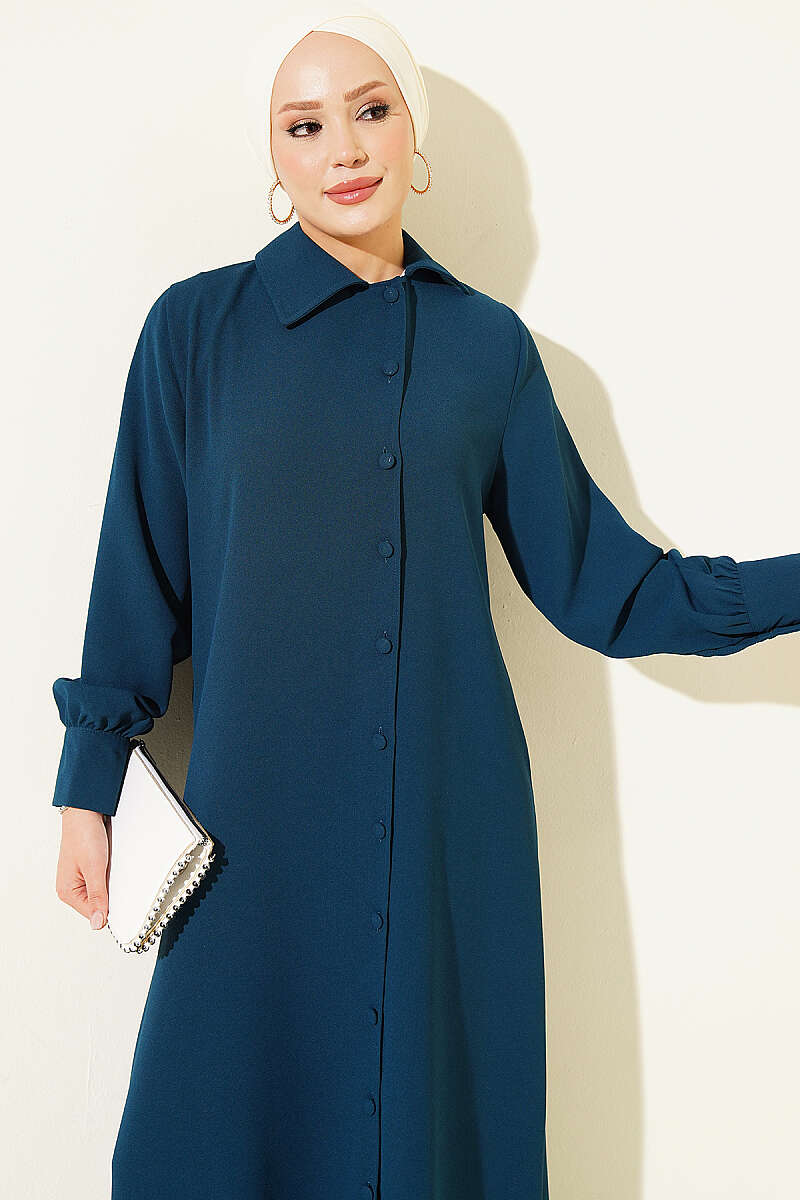 Long Tunic Two-Piece Set with Buttoned Cuffs - Petrol Green