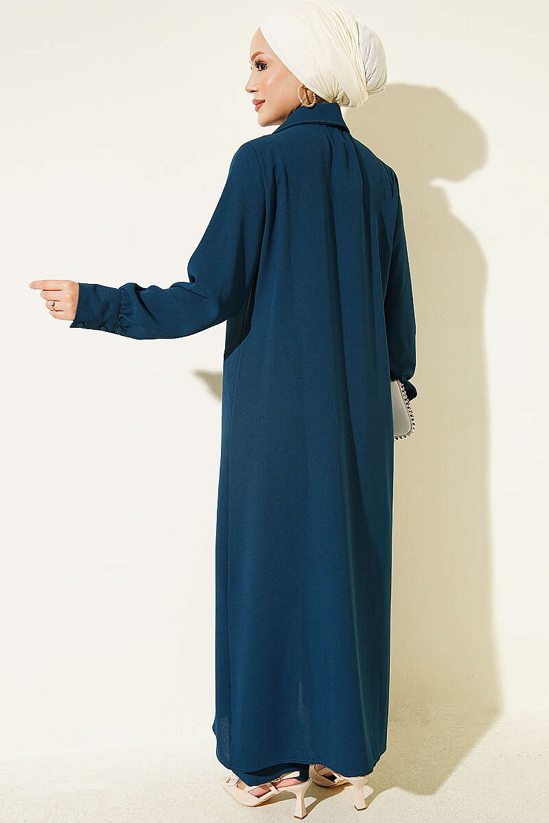 Long Tunic Two-Piece Set with Buttoned Cuffs - Petrol Green