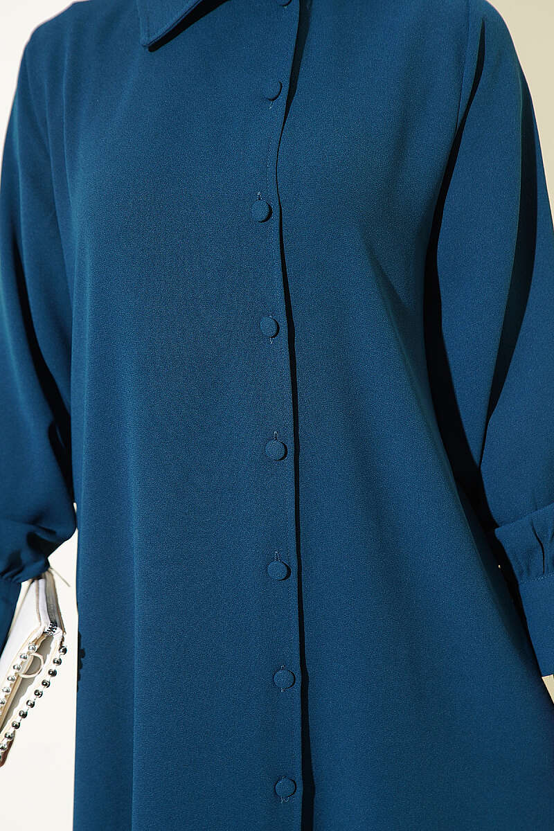 Long Tunic Two-Piece Set with Buttoned Cuffs - Petrol Green