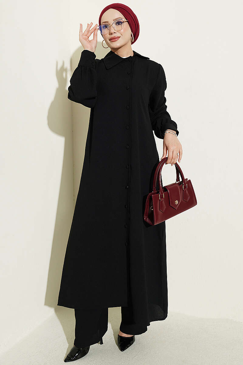 Long Tunic Two-Piece Set with Buttoned Cuffs - Black