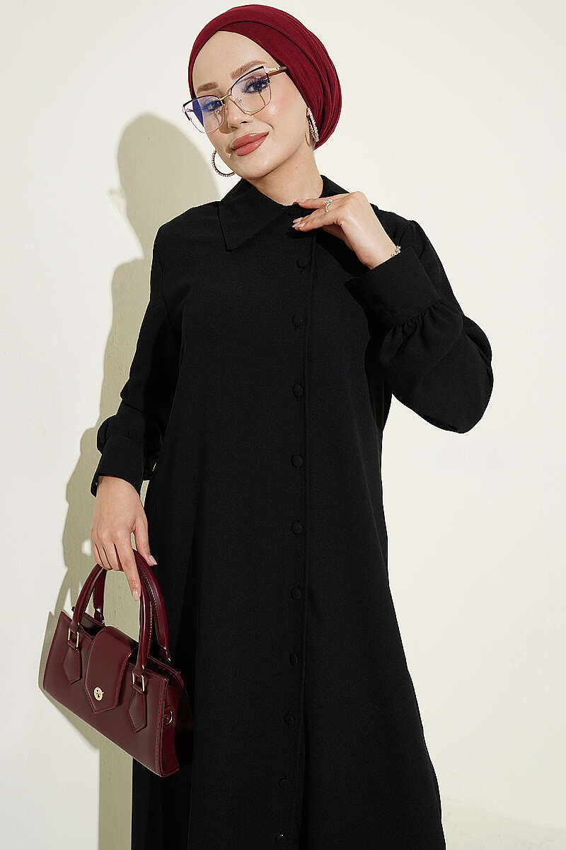 Long Tunic Two-Piece Set with Buttoned Cuffs - Black